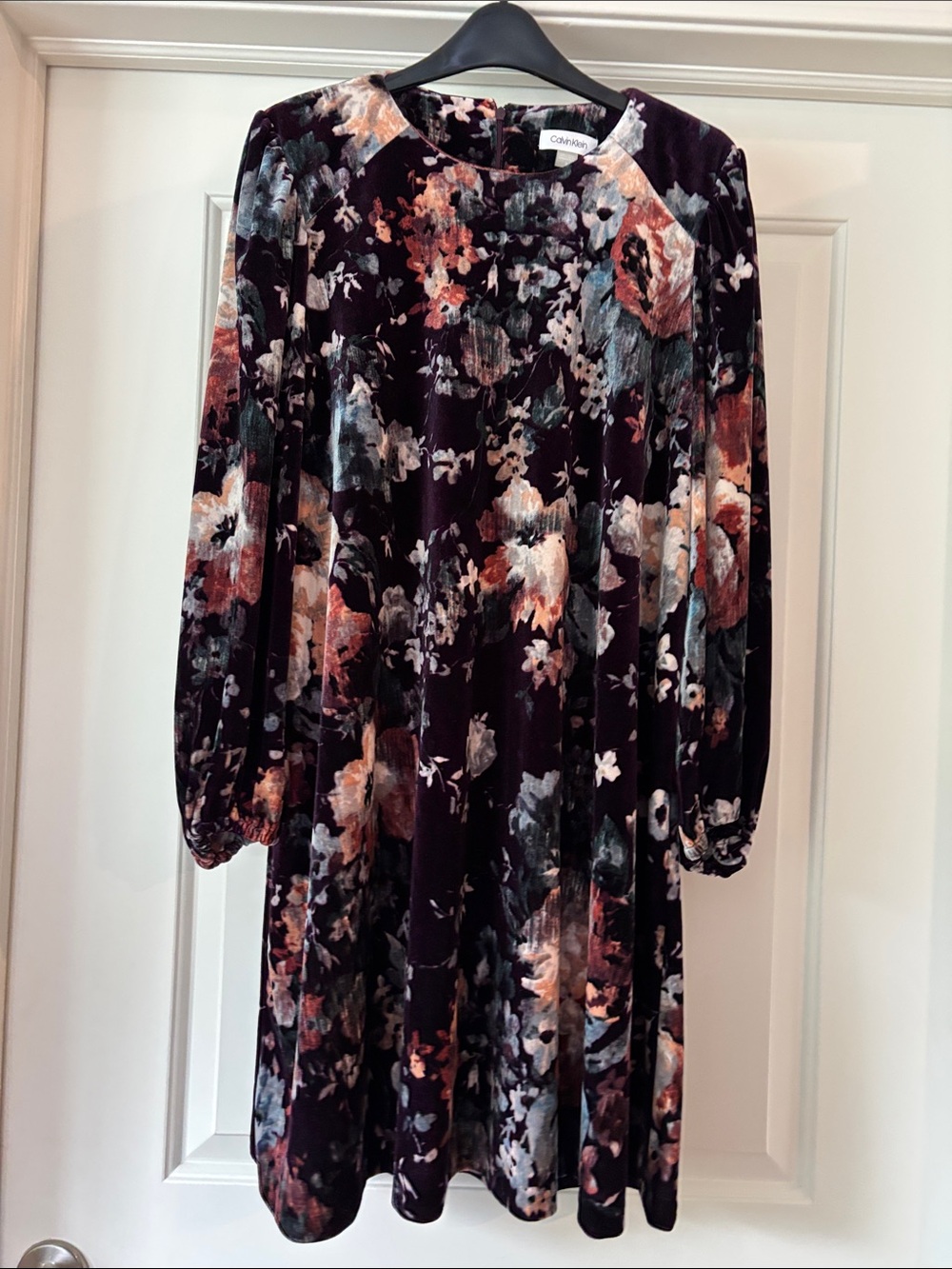 Calvin Klein Burgundy Floral Velvet Long-Sleeve Dress